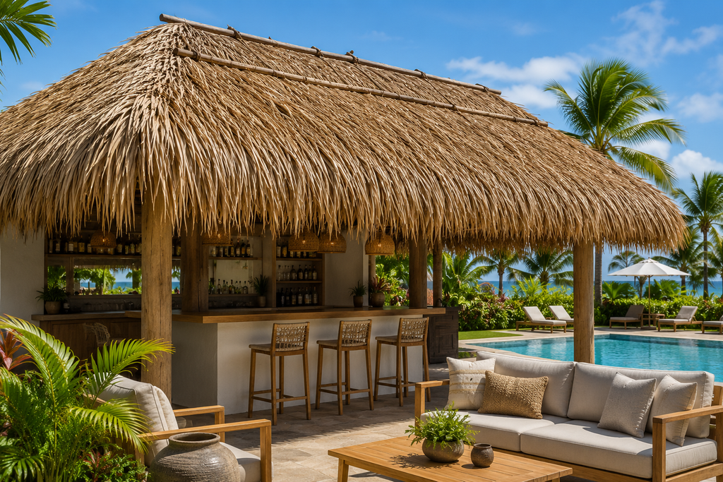Synthetic thatch roofing for resorts villas and outdoor structures